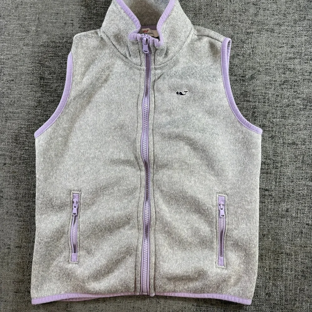 Vineyard Vines Sweater Fleece Vest Girls S 7-8 Gray Purple Full Zip 7O001039
